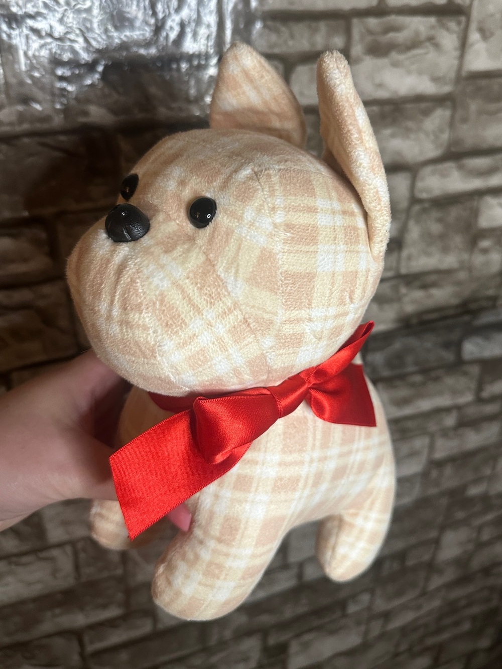 Plaid Plush Fenchie Dog with Red Bow